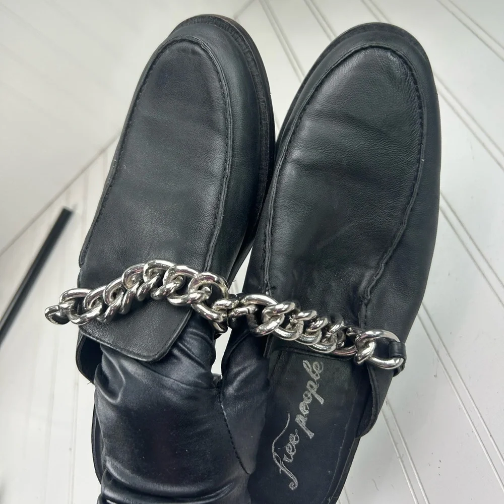 Free People Black Leather Vida Mules Chain-Detail Mule Loafers Women’s Size 9.5 - Picture 9 of 10